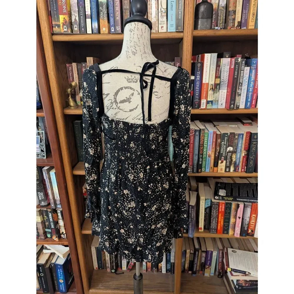 Free People Women's Size Small Black Floral Tess Square Neck Mini Dress - Picture 3 of 8